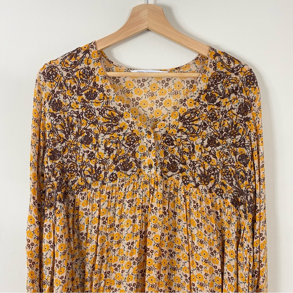 ZARA Floral Embroidered Long Sleeve Mini Dress Mustard Yellow - XS - Picture 8 of 16